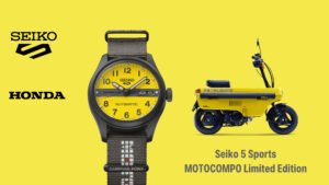 Bright yellow Seiko and Honda promotional graphic featuring a Seiko 5 Sports watch beside a yellow Motocompo scooter, with logos and edition text.