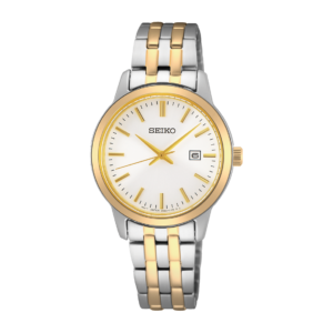 A two-tone Seiko wristwatch with a gold-and-silver metal band, white dial, gold markers and hands, and a date window, shown against black.