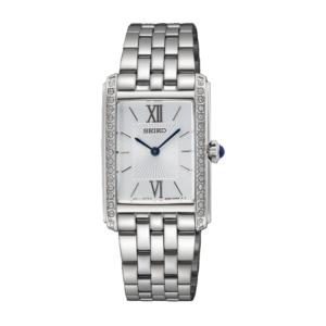 A silver Seiko wristwatch with a rectangular Roman-numeral dial, blue hands, crystal-set sides, and a linked metal band, presented against black for an elegant look.
